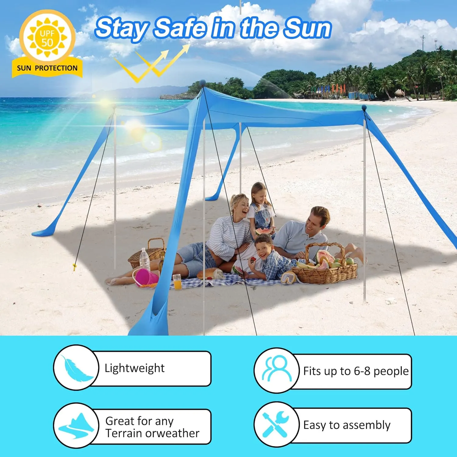 Beach Tent Sun Shelter with UPF 50  UV Protection, Beach Canopy Sun Shade 11x11 FT with Sandbags, Poles and Ground Pegs and Anti-Wind Ropes, Pop Up Tent for Camping, Backyard and Picnics