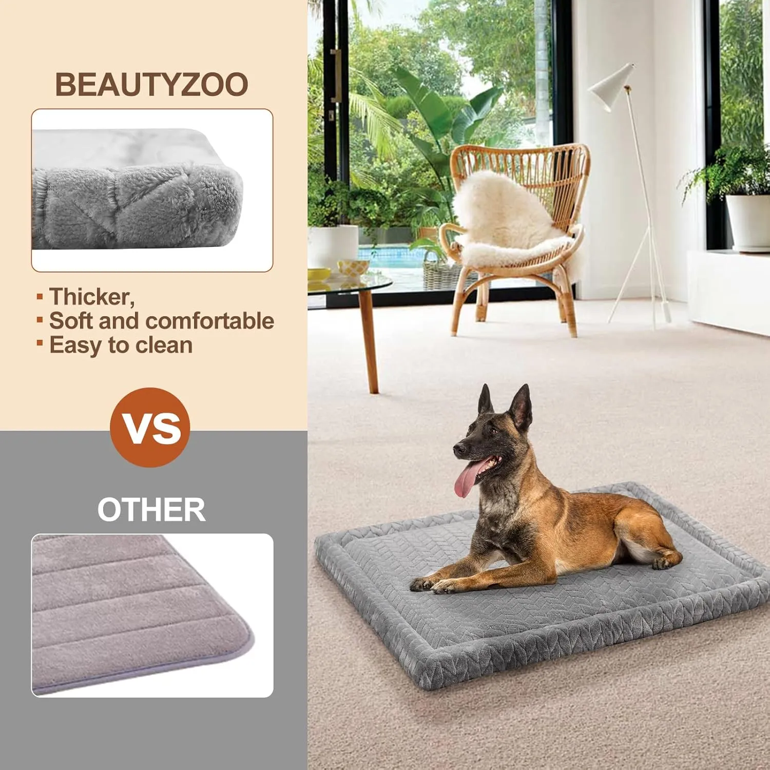BEAUTYZOO Dog Bed Crate Pad 48 x 30 inch, Washable Dog Crate Mat for XX-Large Sized Dogs, Anti-Slip Pet Crate Bed Kennel Pad, Durable Cozy Puppy Sleeping Mat Rectangle Mattress, Grey