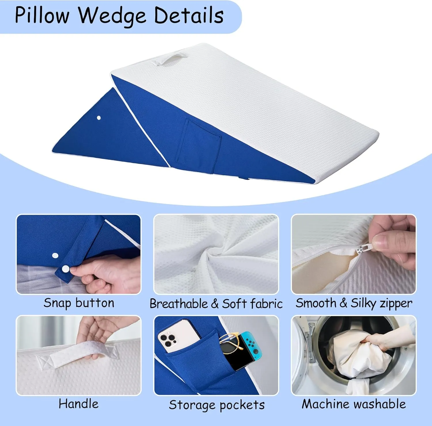 Bed Wedge Pillow for Headboard Sleeping, Adjustable 9 & 12 Inch Wedge Pillow for Back, Leg Support, Memory Foam Wedge 7-in-1 Triangle Elevated Pillow for Bed, Blue & White