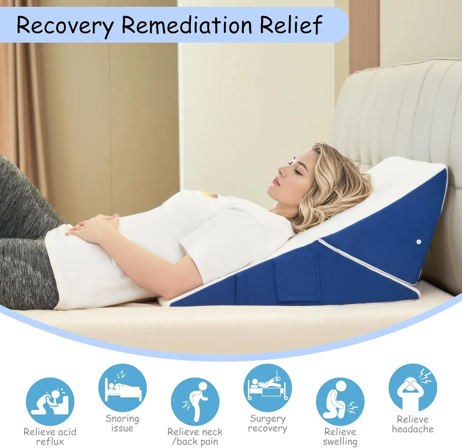 Bed Wedge Pillow for Headboard Sleeping, Adjustable 9 & 12 Inch Wedge Pillow for Back, Leg Support, Memory Foam Wedge 7-in-1 Triangle Elevated Pillow for Bed, Blue & White