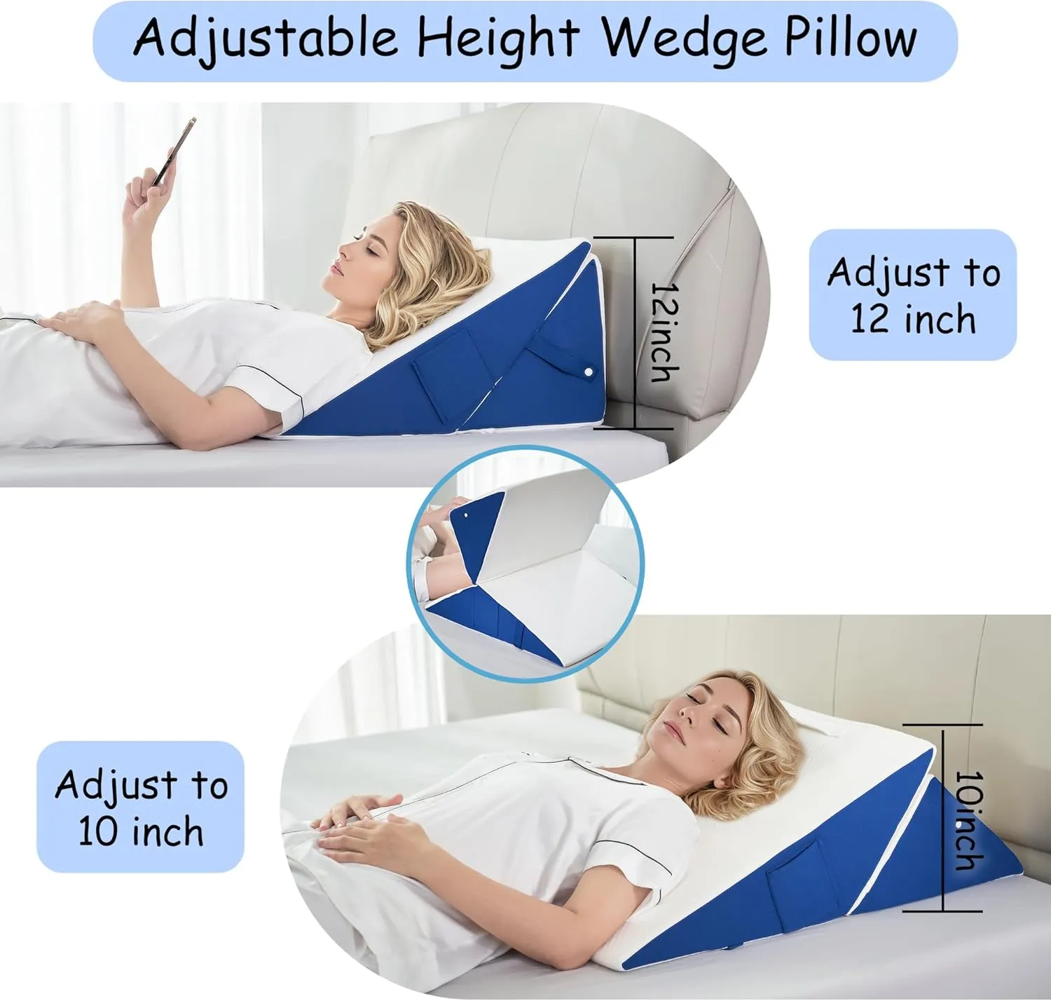Bed Wedge Pillow for Headboard Sleeping, Adjustable 9 & 12 Inch Wedge Pillow for Back, Leg Support, Memory Foam Wedge 7-in-1 Triangle Elevated Pillow for Bed, Blue & White