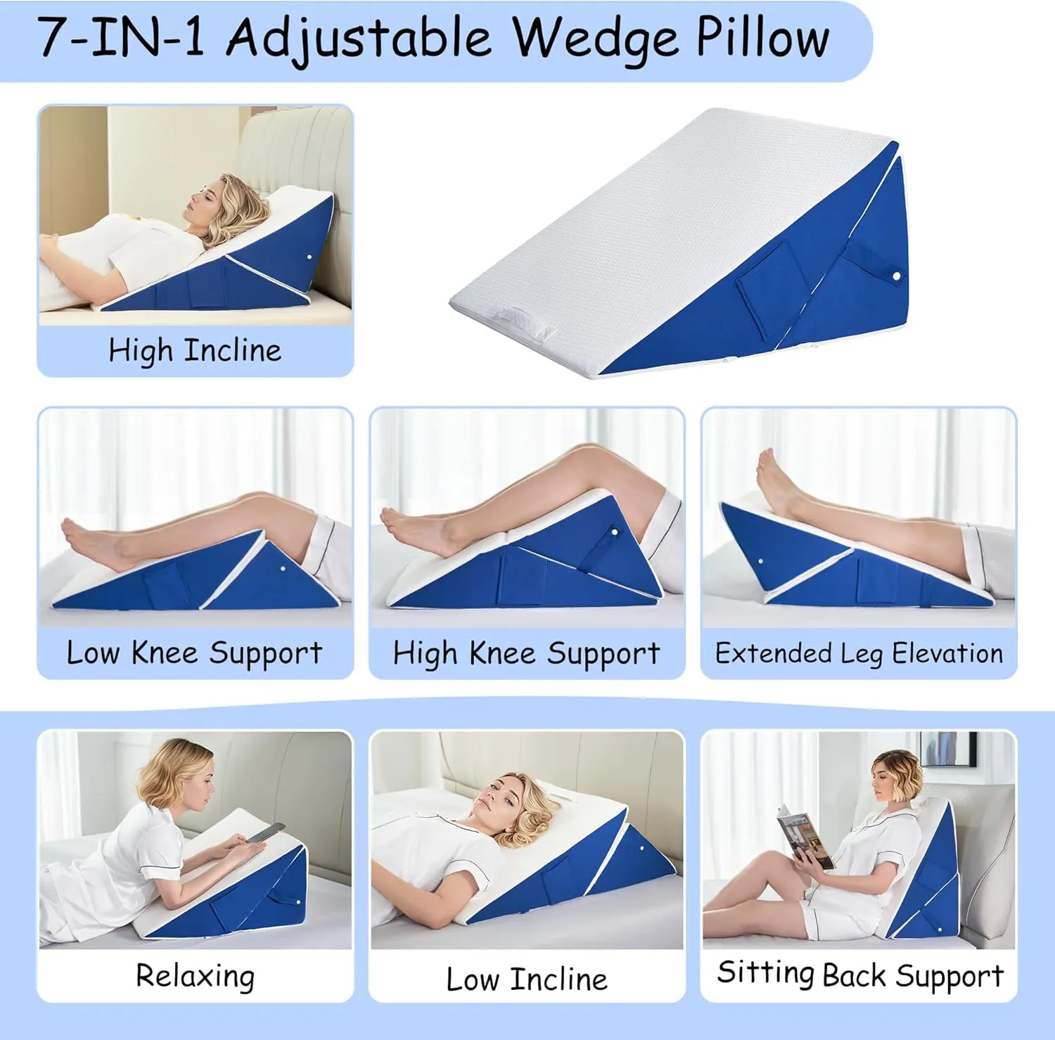 Bed Wedge Pillow for Headboard Sleeping, Adjustable 9 & 12 Inch Wedge Pillow for Back, Leg Support, Memory Foam Wedge 7-in-1 Triangle Elevated Pillow for Bed, Blue & White