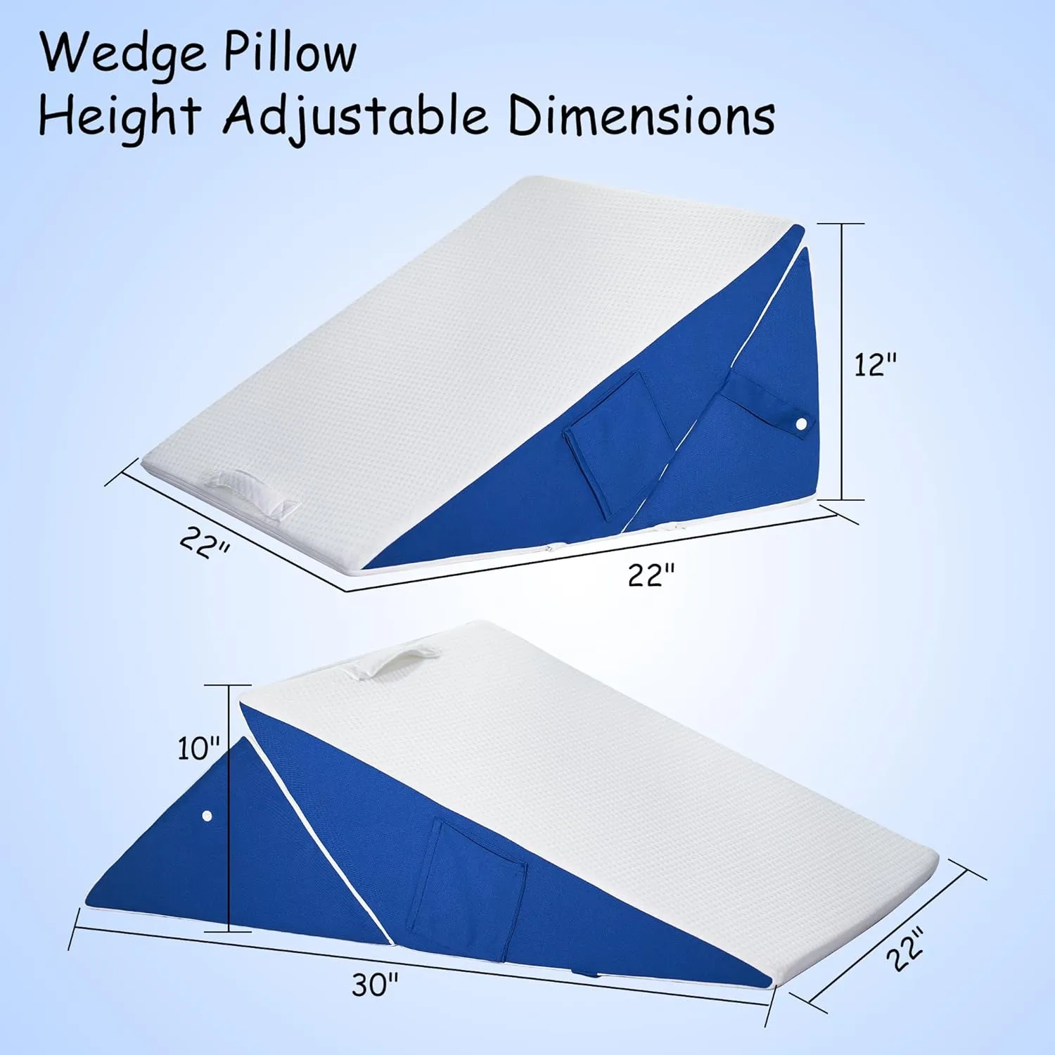 Bed Wedge Pillow for Headboard Sleeping, Adjustable 9 & 12 Inch Wedge Pillow for Back, Leg Support, Memory Foam Wedge 7-in-1 Triangle Elevated Pillow for Bed, Blue & White