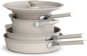 bella 9 Piece StoreMore Cookware Set, Fits-anywhere™ Kitchenware w EverGood™ Ceramic Nonstick Coating​, Dishwasher & Oven Safe, All Stovetops Compatible, Stackable Design, Cool Touch Handles, Oatmilk