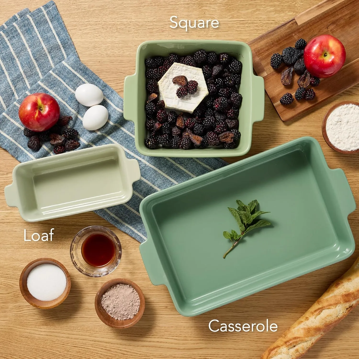 Best Choice Products Bakeware Set, Baking Dish Set, 3-Piece Nonstick, Toxin-Free, Ceramic Serving Dishes, Casserole, Bread Loaf, Square Pan, Space-Saving Nesting Design - Sage Green