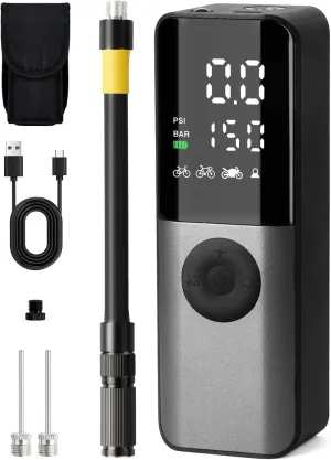 Bike Electric Air Pump: 150Psi Portable Bicycle Tire Pump with Digital Pressure Gauge for Road Bike, Mountain Bike, E-Bike, Motorcycle with Presta, Schrader, Dunlop Valve Accessories