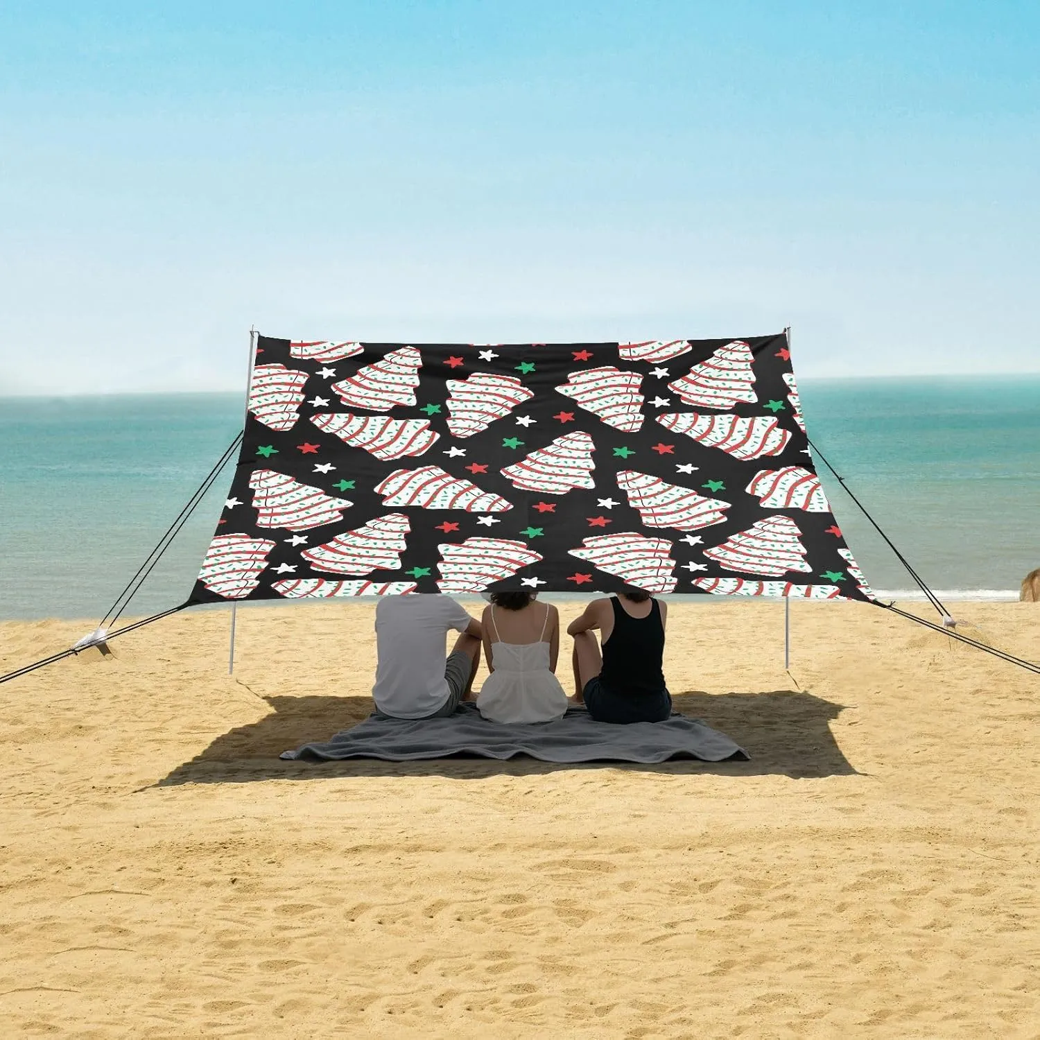 Black Christmas Tree Cake Beach Camping Tent Sun Shelter for Whole Family, Stars Beach Shade Canopy with UPF50  UV Protection,Easy Set Up and Carry,Outdoor Shade for Trips, Fishing, Backyard Fun