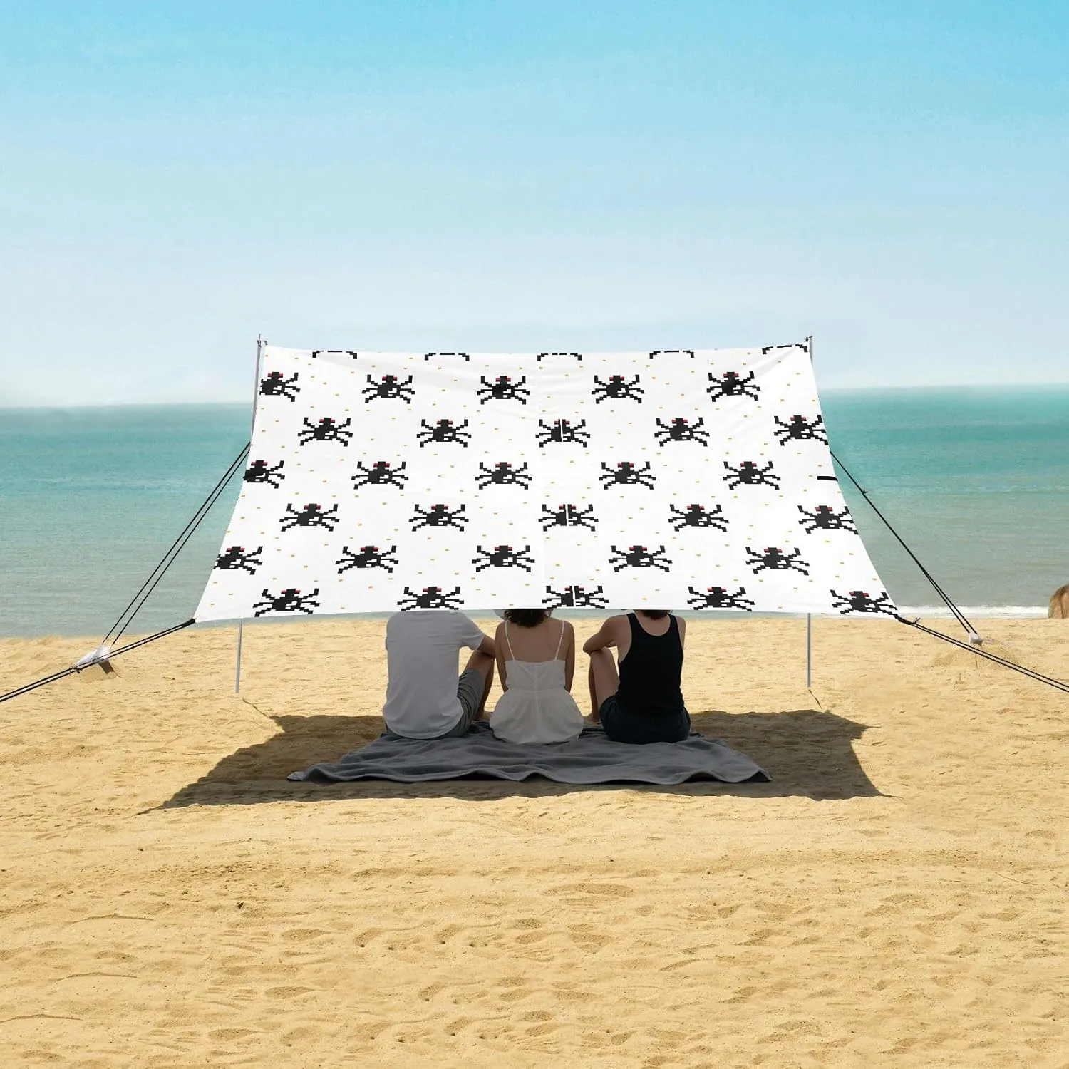 Black Spider Cartoon Pixel Art Beach Canopy Tent Anti-UV & Wind Resistant, Camping Sun Shelter Easy Setup Portable,Outdoor Shade Tents with Sandbags,Sand Shovels,Ground Pegs & Stability Poles