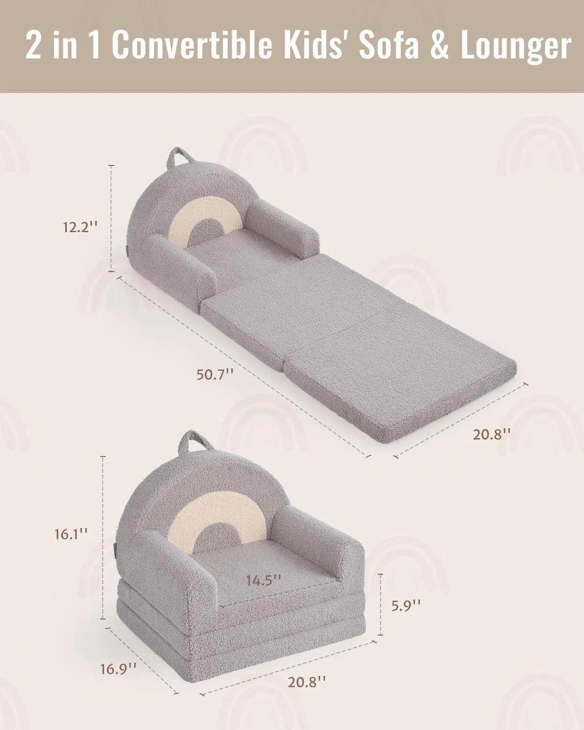 Blissful Diary Foldable Toddler Couch, 2-in-1 Comfy Toddler Chair & Lounger for Reading, Nap, Playroom, Kids Couch Sofa for 1 2 3  Year Old Girls Boys Birthday Gift, Light Gray Rainbow