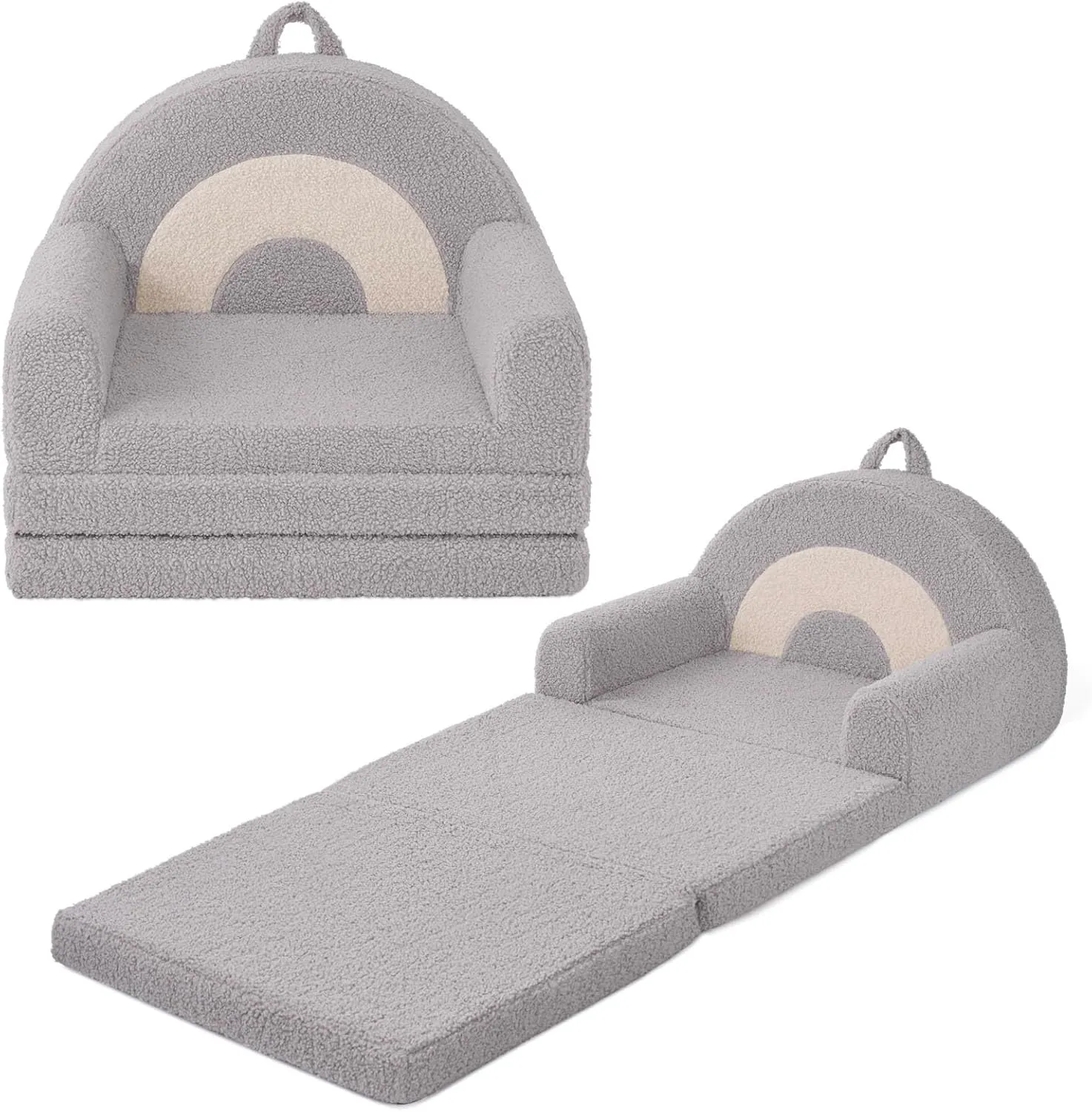 Blissful Diary Foldable Toddler Couch, 2-in-1 Comfy Toddler Chair & Lounger for Reading, Nap, Playroom, Kids Couch Sofa for 1 2 3  Year Old Girls Boys Birthday Gift, Light Gray Rainbow