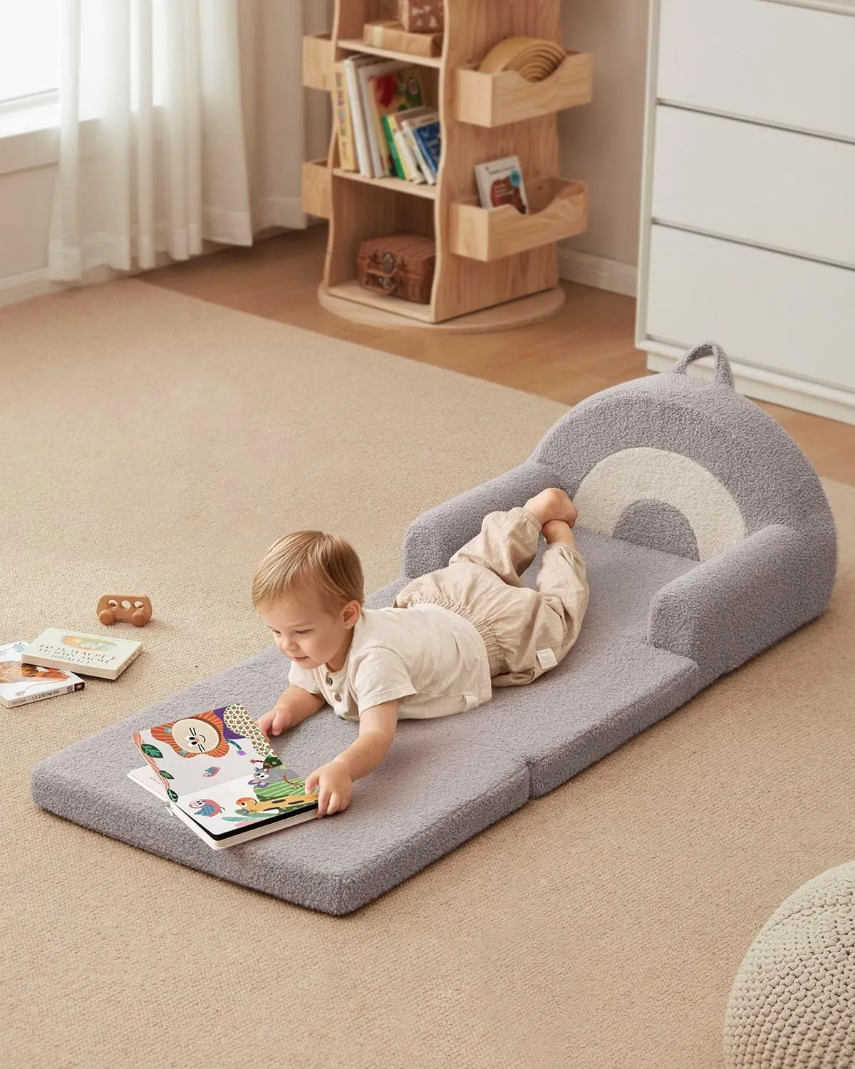 Blissful Diary Foldable Toddler Couch, 2-in-1 Comfy Toddler Chair & Lounger for Reading, Nap, Playroom, Kids Couch Sofa for 1 2 3  Year Old Girls Boys Birthday Gift, Light Gray Rainbow