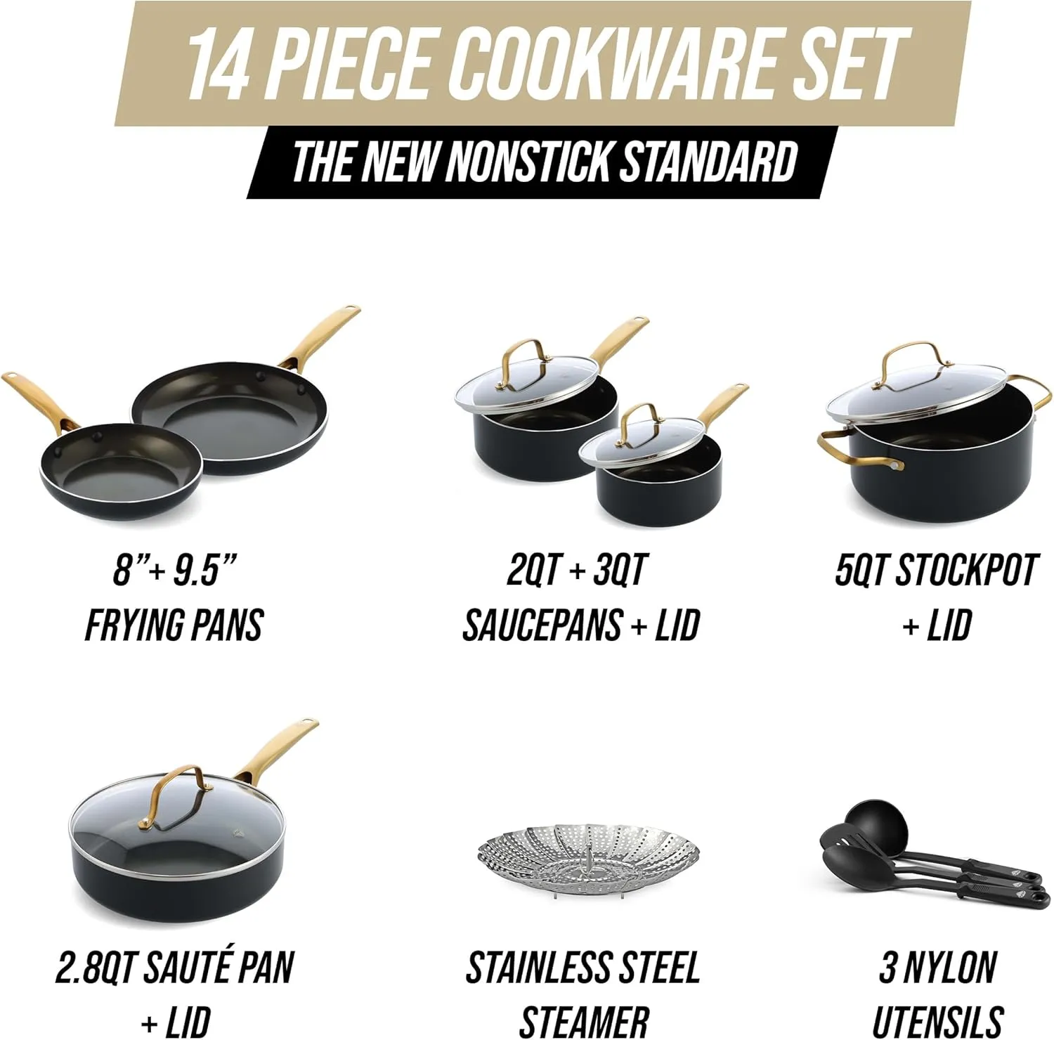 Blue Diamond Gold 14 Piece Cookware Pots and Pans Set, Induction Suitable, Diamond Infused PFOA & PFAS-Free Ceramic Nonstick, Durable Metal Utensil Safe, Dishwasher Safe, Gold Handle, Black