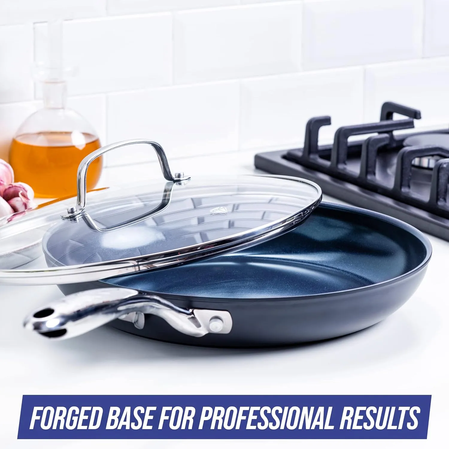 Blue Diamond Hard Anodized 11" Frying Pan includig Lid,Diamond Ceramic Nonstick Skillet, Non Toxic PFAS -Free, Dishwasher & Oven Safe, Even Heating, Metal Utensil Safe, Warp Control, Gray