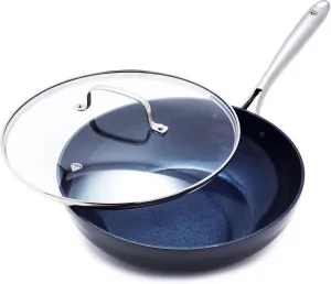 Blue Diamond Hard Anodized 11" Frying Pan includig Lid,Diamond Ceramic Nonstick Skillet, Non Toxic PFAS -Free, Dishwasher & Oven Safe, Even Heating, Metal Utensil Safe, Warp Control, Gray