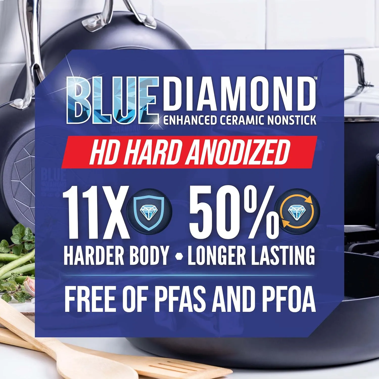 Blue Diamond Hard Anodized 11" Frying Pan includig Lid,Diamond Ceramic Nonstick Skillet, Non Toxic PFAS -Free, Dishwasher & Oven Safe, Even Heating, Metal Utensil Safe, Warp Control, Gray