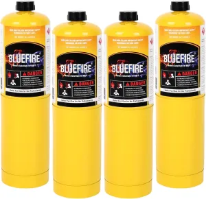 BLUEFIRE Modern MAPP Gas Cylinder, 14.1 oz, 99.9% High Purity Propylene Equal To MAP-PRO, Hotter than Propane, for Welding Brazing Soldering on Propane Torch (4 Pack)