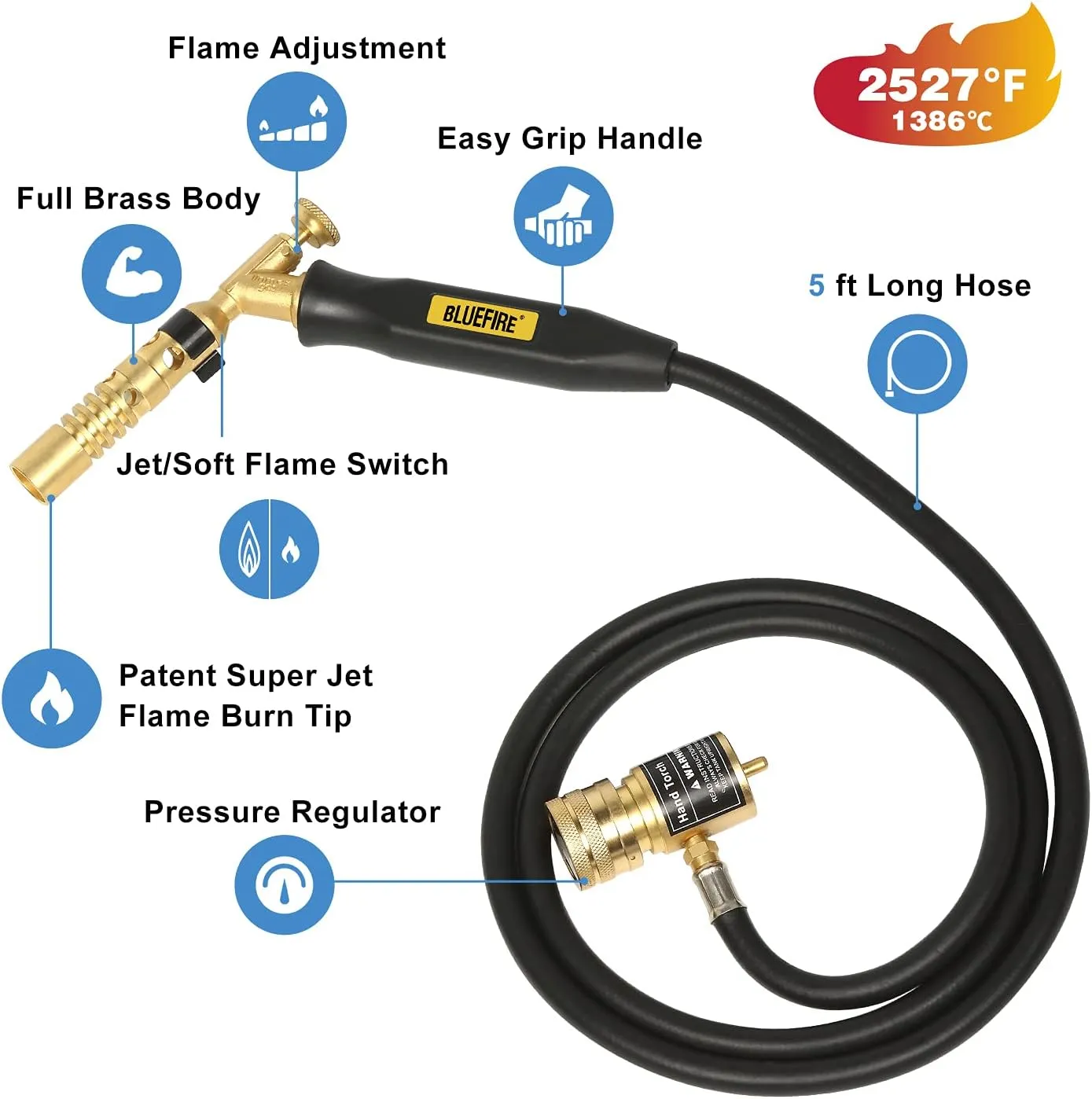 BLUEFIRE MRAS-8210 Super Jumbo Turbo Flame Propane Gas Welding Torch with 5' Hose Fuel by MAPP MAP Pro Propane Great High Intensity Nozzle Head for Soldering Brazing Large Dia Copper Pipe
