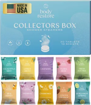 Body Restore Shower Steamers Aromatherapy 30 Pack - Fathers Day Unique Gifts for Dad, Grandpa, Birthday Gift for Mom, Daughter, Son, Best Friend, Travel Essentials, Self Care - Collector’s Box