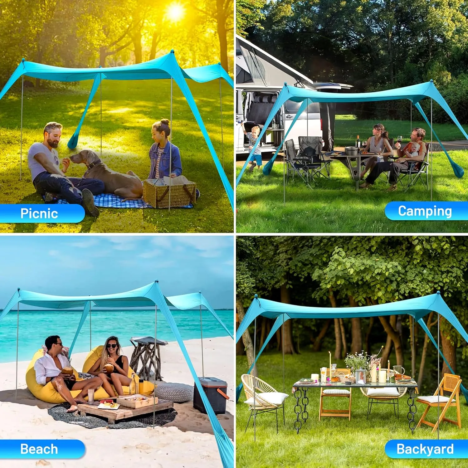 BOTINDO Family Beach Tent Canopy Sun Shade, Pop Up Grande Beach Tent Sun Shelter Stability 4 Poles with Portable Carry Bag Outdoor Shade for Fishing Backyard Camping (Turquoise, 10x10FT 4Pole)