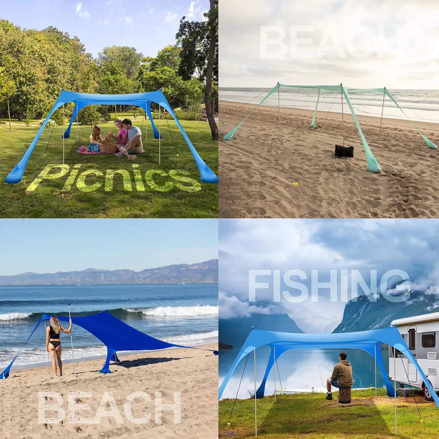 Buheco Beach Tent Pop Up Shade 10x10ft Beach Canopy Sun Shelter UPF50  with 4 Foldable Poles-Portable Carrying Bag-Sand Shovel-Ground Pegs-Windproof Ropes for Outdoor Family Camping-Fishing-Picnic