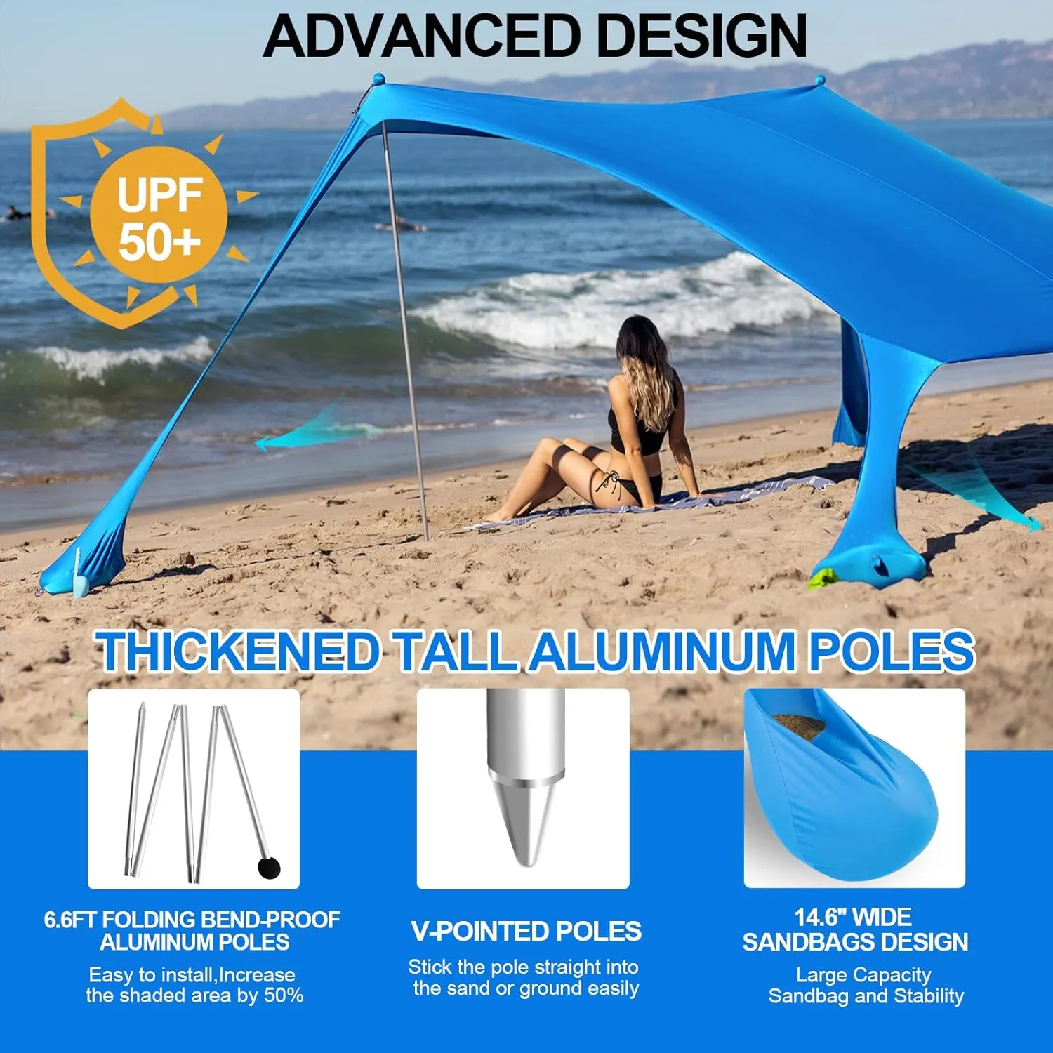 Buheco Beach Tent Pop Up Shade 10x10ft Beach Canopy Sun Shelter UPF50  with 4 Foldable Poles-Portable Carrying Bag-Sand Shovel-Ground Pegs-Windproof Ropes for Outdoor Family Camping-Fishing-Picnic