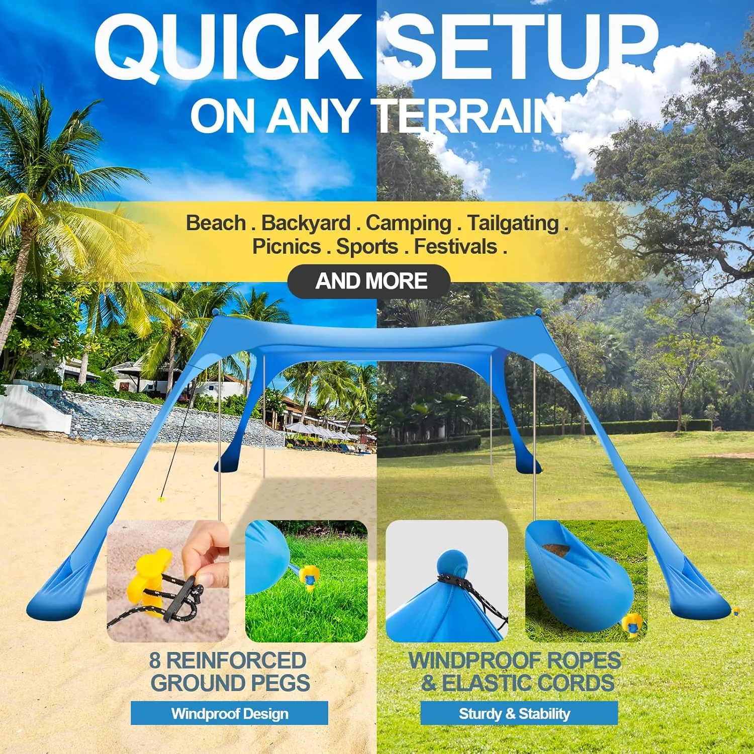 Buheco Beach Tent Pop Up Shade 10x10ft Beach Canopy Sun Shelter UPF50  with 4 Foldable Poles-Portable Carrying Bag-Sand Shovel-Ground Pegs-Windproof Ropes for Outdoor Family Camping-Fishing-Picnic