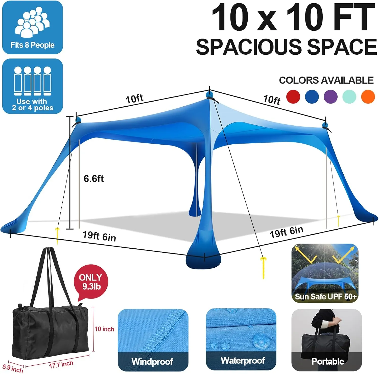 Buheco Beach Tent Pop Up Shade 10x10ft Beach Canopy Sun Shelter UPF50  with 4 Foldable Poles-Portable Carrying Bag-Sand Shovel-Ground Pegs-Windproof Ropes for Outdoor Family Camping-Fishing-Picnic