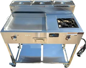 Burner Stove and Griddle Cart | 20” Griddle with 30,000 BTU Cast Iron Burner Stove | Propane | Stainless Steel Flat Top | 3 Condiment Containers | Portable | Outdoor Home & Commercial Use