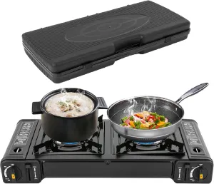 Butane Camping Stove 2 Burner Portable Camping Stove with Adjustable Burners and Carrying Case Auto Ignition Camping Burner LPG for Indoor and Outdoor Use (No Grill Tray), Black