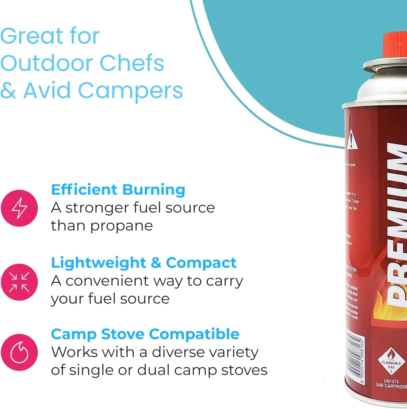 Butane Fuel Canisters for Portable Camping Stoves, Gas Burners, UL Listed, 8 oz. Per Canister - Set of 8
