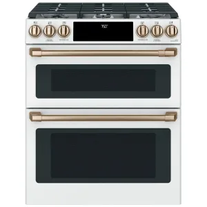 Cafe CCGS750P4MW2 Gas Range, 30 inch Exterior Width, Self Clean, Convection, 6 Burners, 6.7 cu. ft. Capacity, 2 Ovens, Matte White colour True European Convection, Self Clean Racks