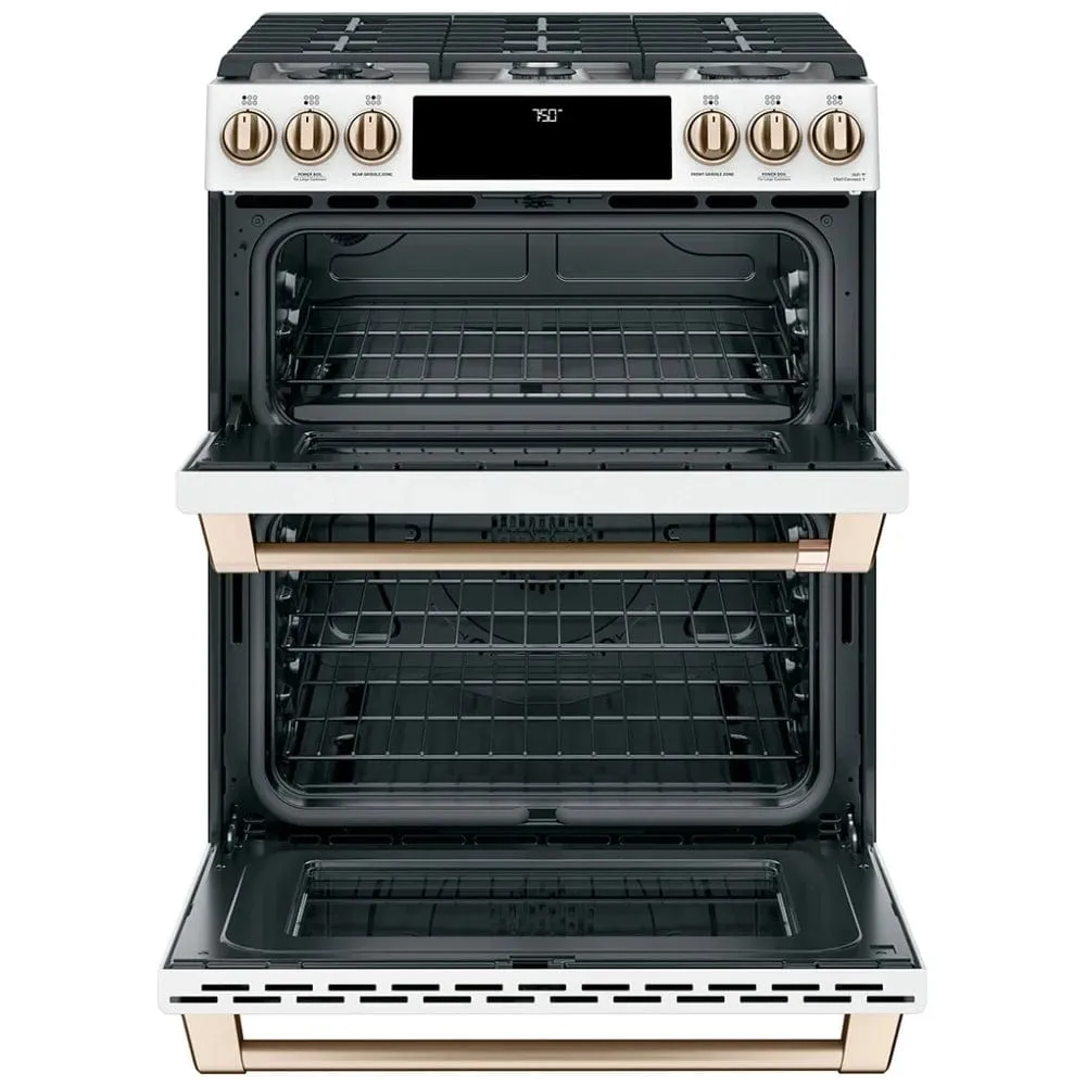 Cafe CCGS750P4MW2 Gas Range, 30 inch Exterior Width, Self Clean, Convection, 6 Burners, 6.7 cu. ft. Capacity, 2 Ovens, Matte White colour True European Convection, Self Clean Racks