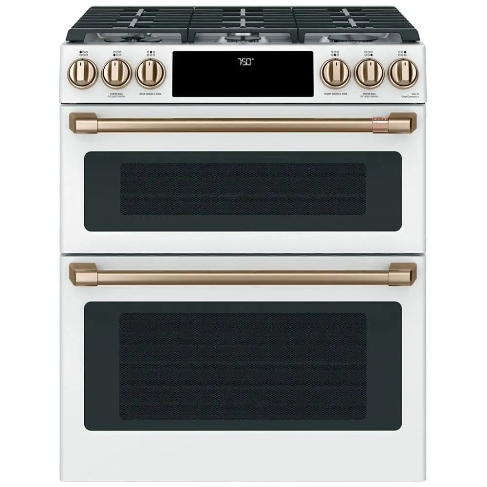 Cafe CCGS750P4MW2 Gas Range, 30 inch Exterior Width, Self Clean, Convection, 6 Burners, 6.7 cu. ft. Capacity, 2 Ovens, Matte White colour True European Convection, Self Clean Racks