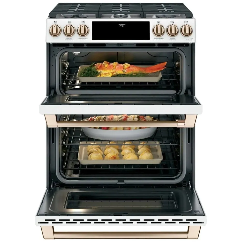 Cafe CCGS750P4MW2 Gas Range, 30 inch Exterior Width, Self Clean, Convection, 6 Burners, 6.7 cu. ft. Capacity, 2 Ovens, Matte White colour True European Convection, Self Clean Racks