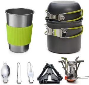 Camping Cook Gas Stove Set Outdoor Camping Hiking Picnic Aluminum Alloy Cookware with Mini Camping Pot Set Portable