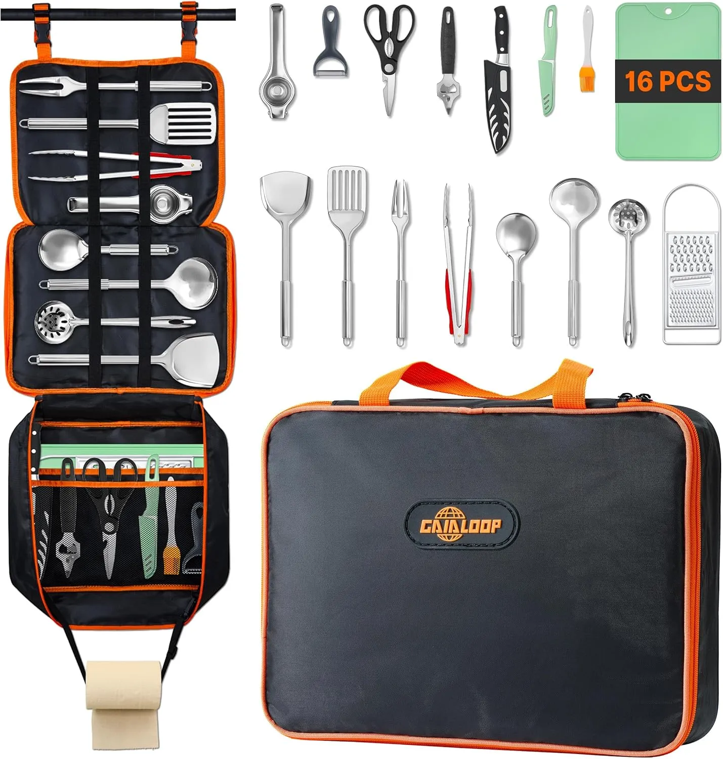 Camping Cooking Utensils 16PCS and 4 in Thick Cot Size Memory Foam Roll Up Camping Mattress Bundle