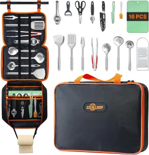 Camping Cooking Utensils 32 PCS and Memory Foam Roll Up Camping Mattress Single Size Bundle