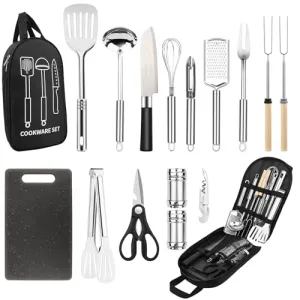 Camping Cooking Utensils Set,Stainless Steel Grill Tools, Camping BBQ Cookware Gear