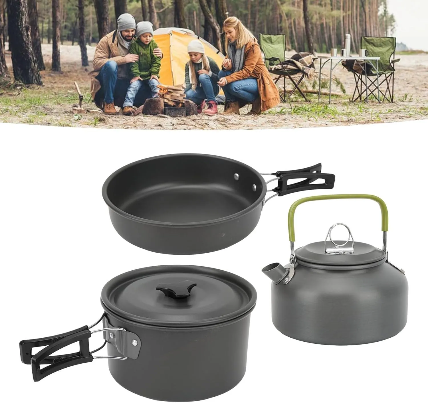 Camping Cookware Mess Kit Camping Set Pot Teapot Color Plate Set Portable Kettle Cooking Utensils for Backpacking Pot Pan Teapot Folding Fork Knife Spoon Kit