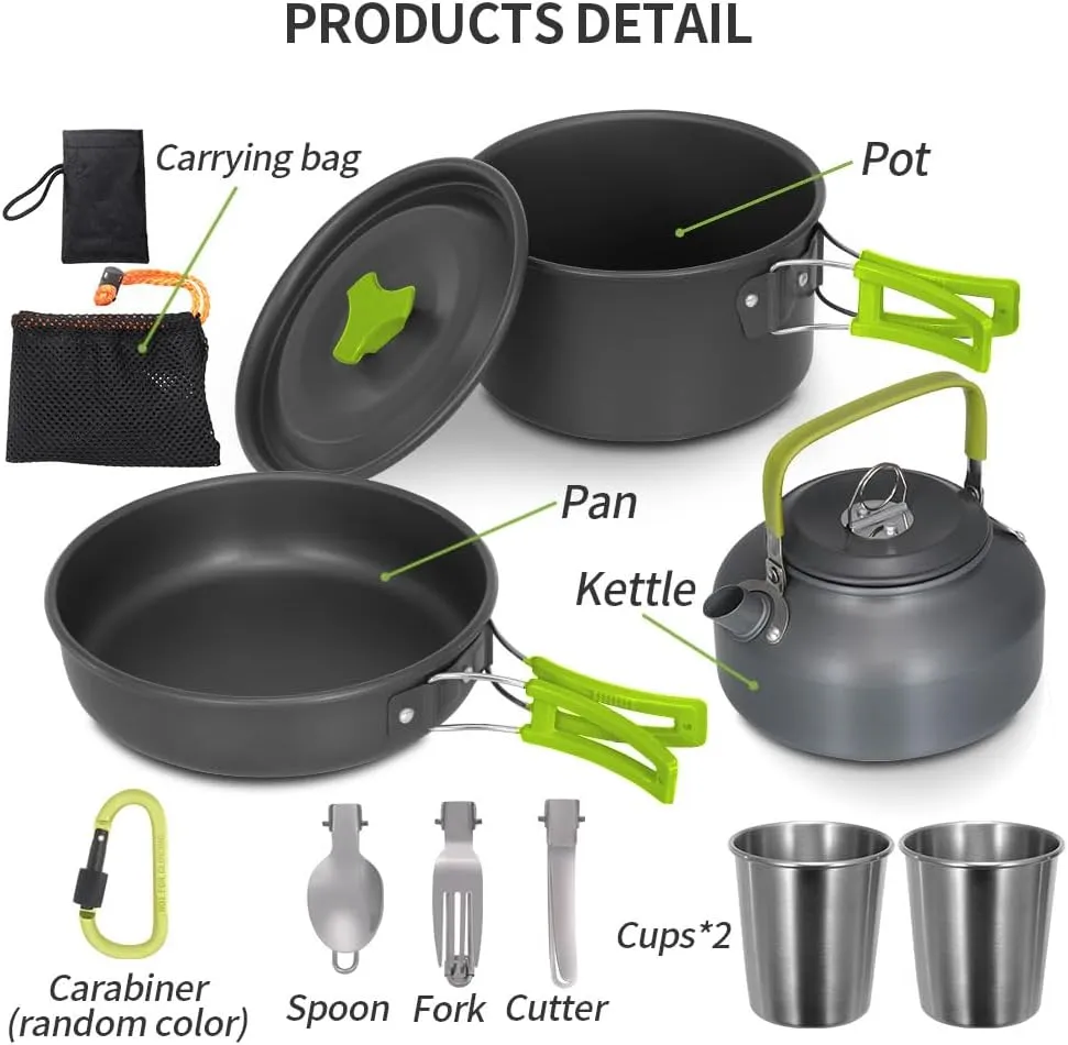 Camping Cookware Mess Kit, Non-Stick Lightweight Pot Pan Kettle Set with Cups Spoon Fork Knife, Compact Camping Cooking Set Portable Outdoor Cook Gear for Backpacking Hiking Picnic