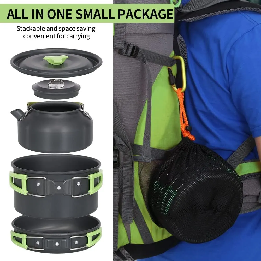 Camping Cookware Mess Kit, Non-Stick Lightweight Pot Pan Kettle Set with Cups Spoon Fork Knife, Compact Camping Cooking Set Portable Outdoor Cook Gear for Backpacking Hiking Picnic