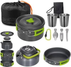 Camping Cookware Mess Kit, Non-Stick Lightweight Pot Pan Kettle Set with Cups Spoon Fork Knife, Compact Camping Cooking Set Portable Outdoor Cook Gear for Backpacking Hiking Picnic