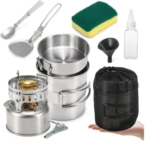 Camping Cookware Mess Kit with Gasoline Stove Cooking Pot Pan Spork Scoop Cleaning Sponge Oil Bottle Funnel