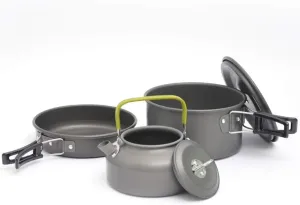 Camping Cookware Set, Lightweight Aluminum Outdoor Cooking Kit with Pot, Frying Pan & Teapot, Non-Stick & Compact for Hiking, Backpacking, Picnic, Survival, and Military Use (2-3 People)