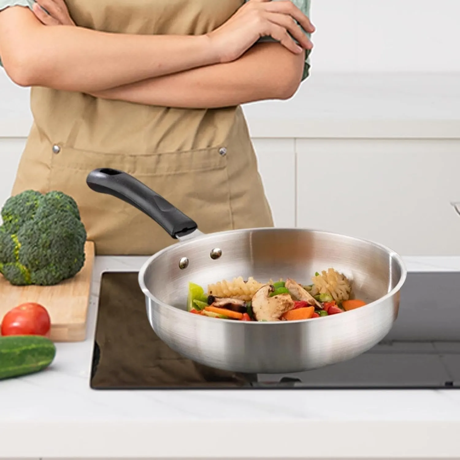 Camping Frying Pan Stainless Steel Non Stick Equipment Tableware Cookware Deep Fry Pan for Hiking Indoor Outdoor Activities, 27.3cm