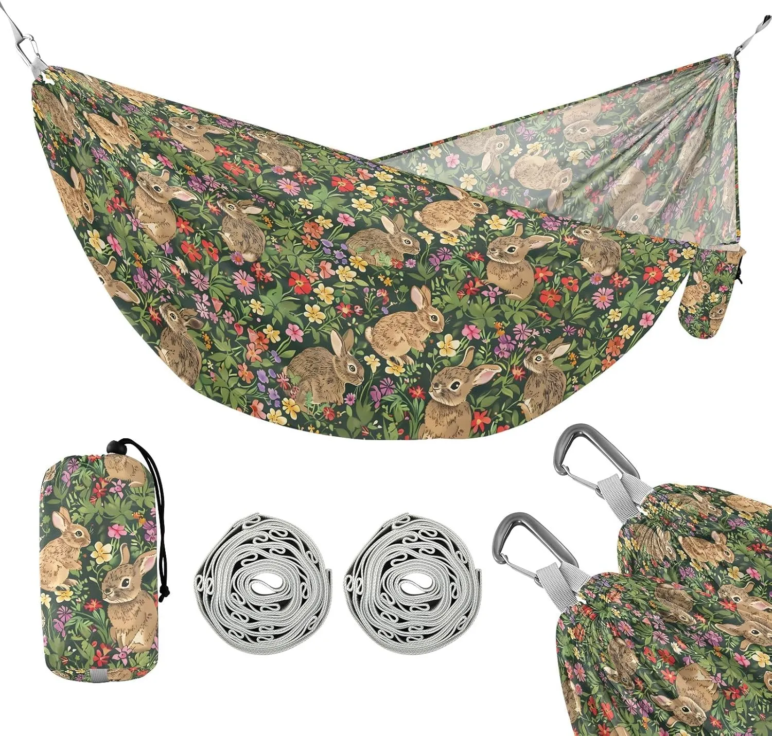 Camping Hammock Outdoor Hammocks for Outside Rabbit Green Flower Beach Trees Portable Lightweight with Pockets Tree Straps Indoor
