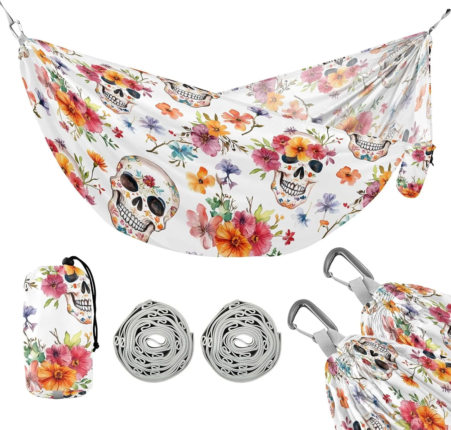 Camping Hammock Outdoor Hammocks for Outside Skull Orange Flower Beach Trees Portable Lightweight with Pockets Tree Straps Indoor Small