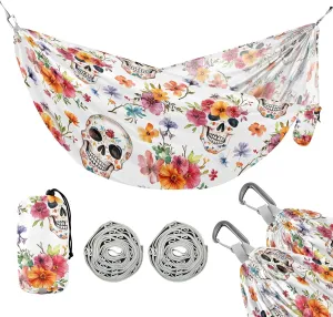 Camping Hammock Outdoor Hammocks for Outside Skull Orange Flower Beach Trees Portable Lightweight with Pockets Tree Straps Indoor Small