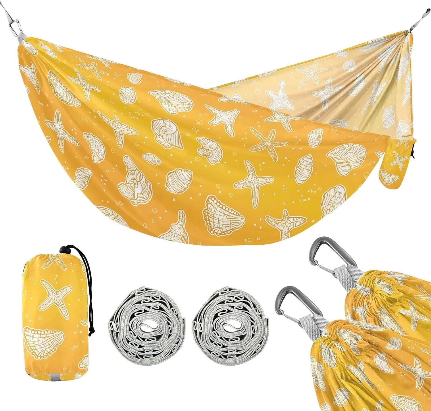 Camping Hammock Outdoor Hammocks for Outside Yellow Starfish Conch Beach Trees Portable Lightweight with Pockets Tree Straps Indoor
