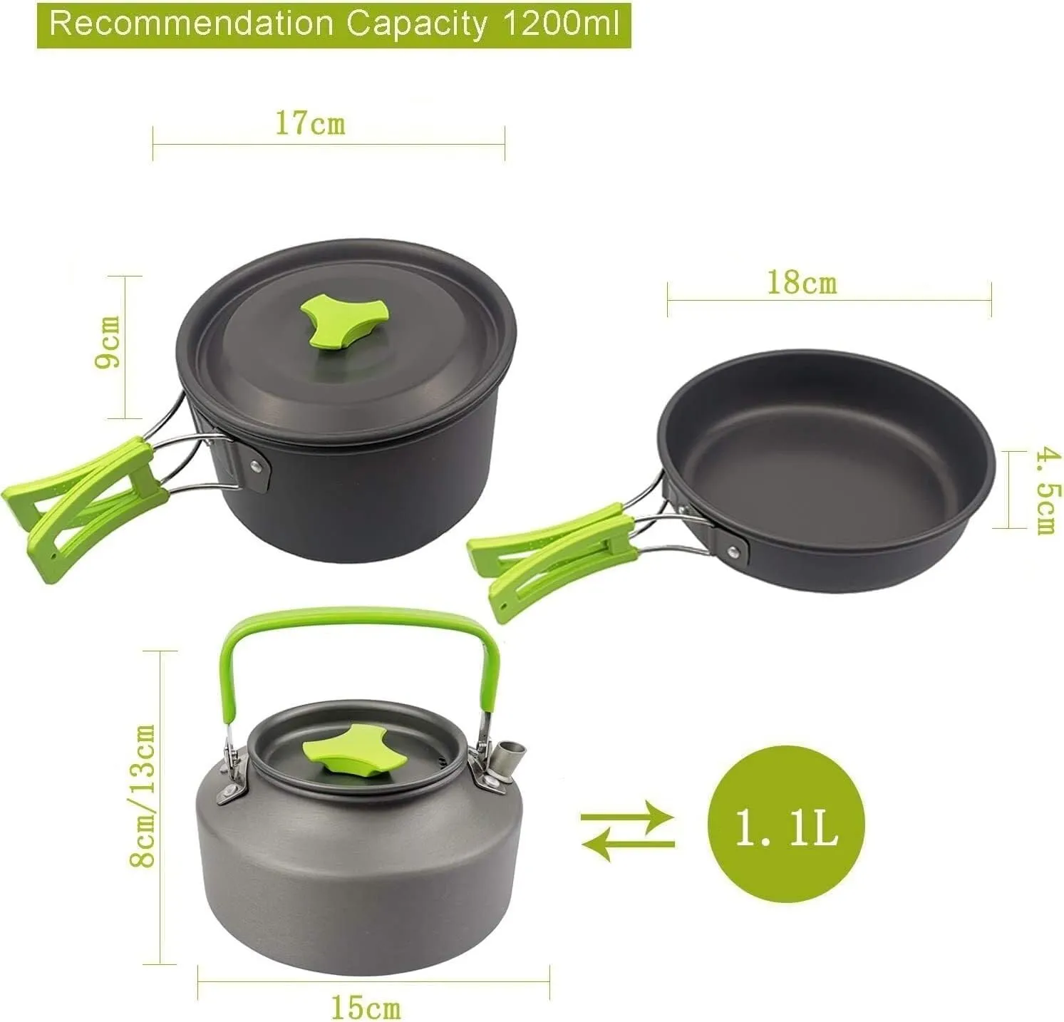 Camping Kitchen Utensil Outdoor Camping Hiking Cookware Utensils 2-3 People Portable Travel Picnic Teapot Pot Frying Pan Cooking for Outdoor Cooking(Black)